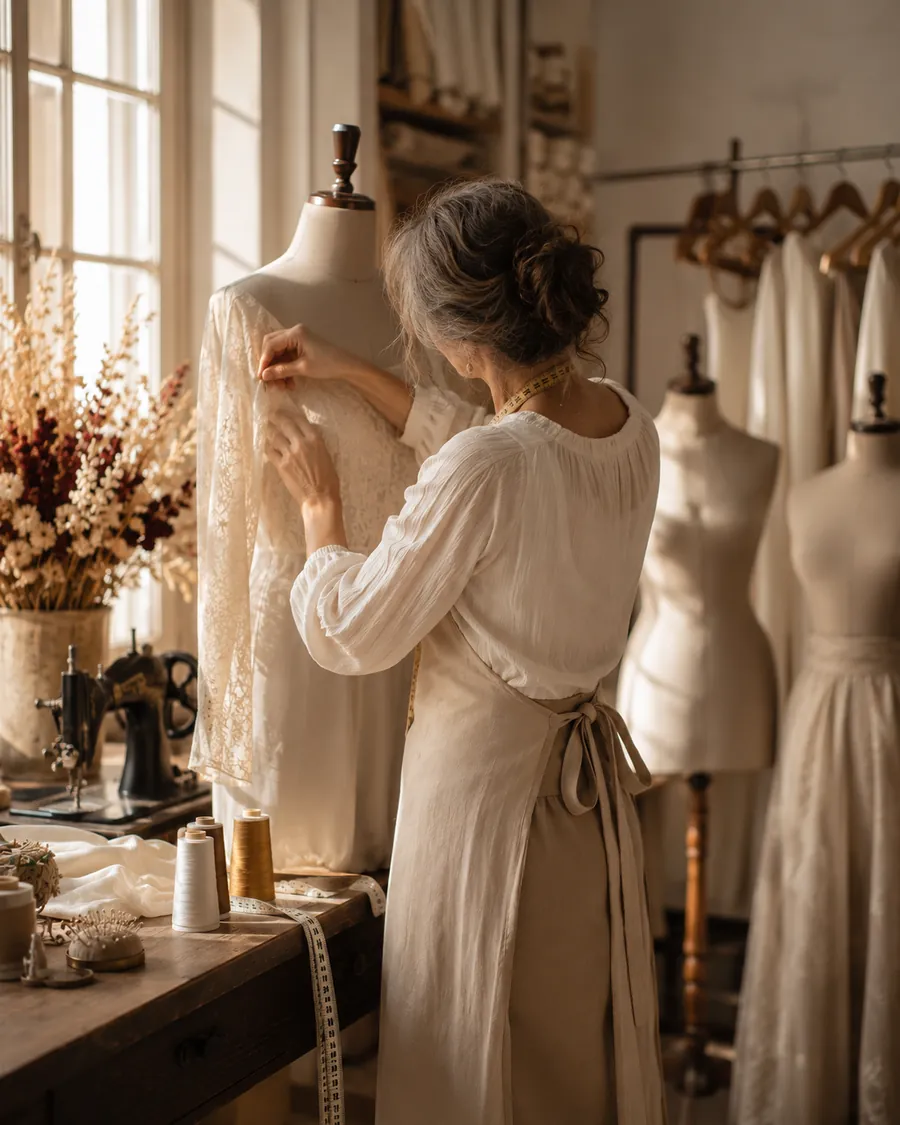 Luz León, modista de alta costura, trabajando sobre un maniquí en su taller de Málaga