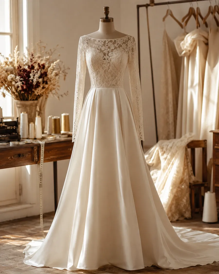 Vestido de novia a medida en encaje y raso confeccionado en Málaga